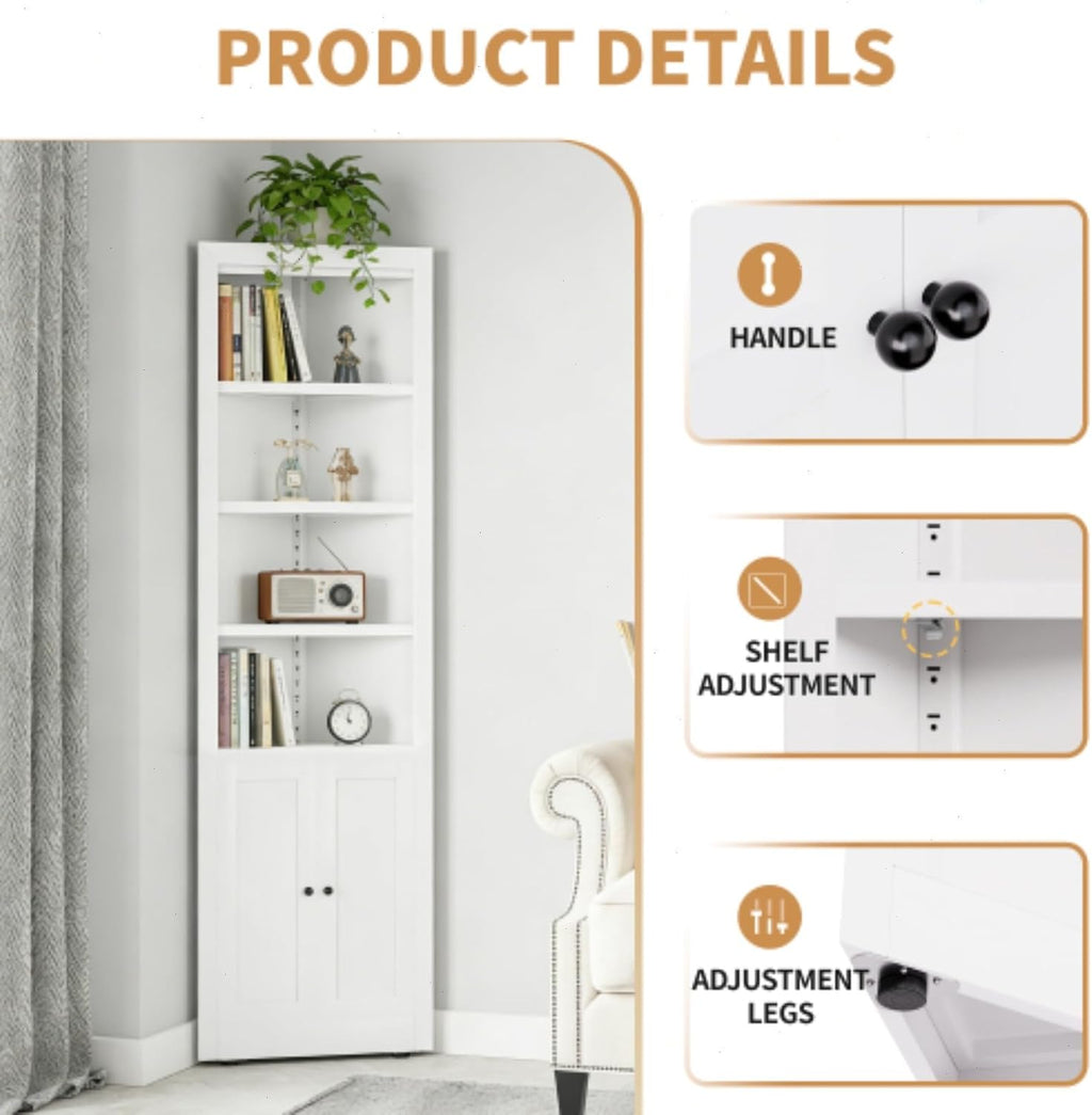Metal Pantry Storage Cabinet with 4 Adjustable Shelves, 71" Tall Corner Cabinet for Bathroom, Corner Shelf Cabinet for Kitchen, Dining Room, Living Room, Assembly Required(White)