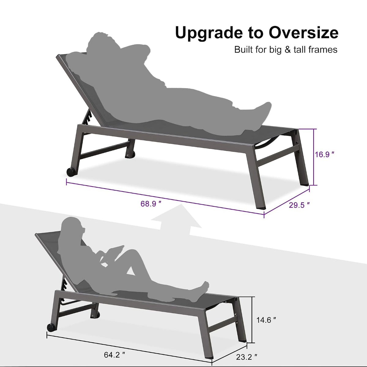 PURPLE LEAF Patio Chaise Lounge Set for 2, Oversize Seat, Grey | Reinforced aluminum frame with angled legs supports up to 320 lbs, providing solid stability without sagging or rocking