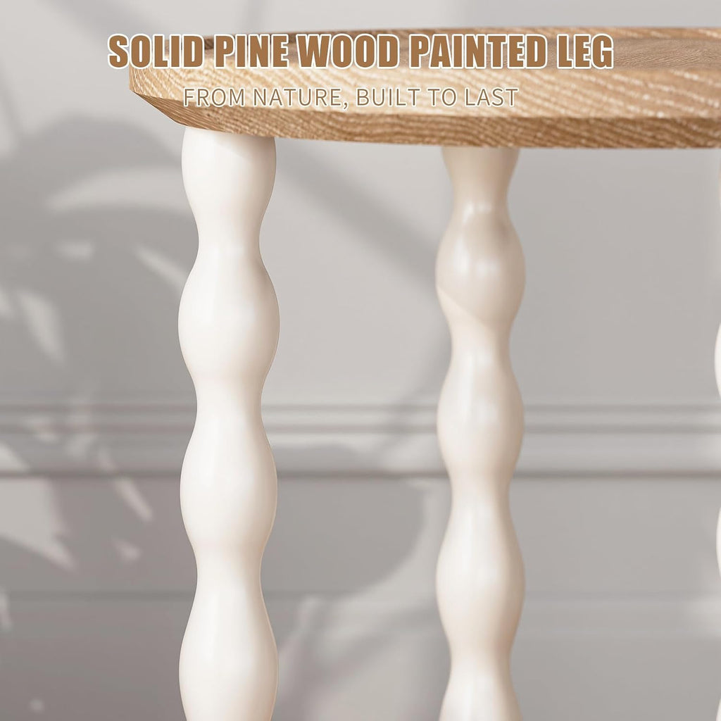 Round End Table, 2-Tier Farmhouse End Table, 18.5'' Handcrafted Weathered Look Wooden Nightstand, Pine Leg, Small Side Tables for Living Room, Small Space, Bedroom, Boho, Easy Assembly, Cream Beige