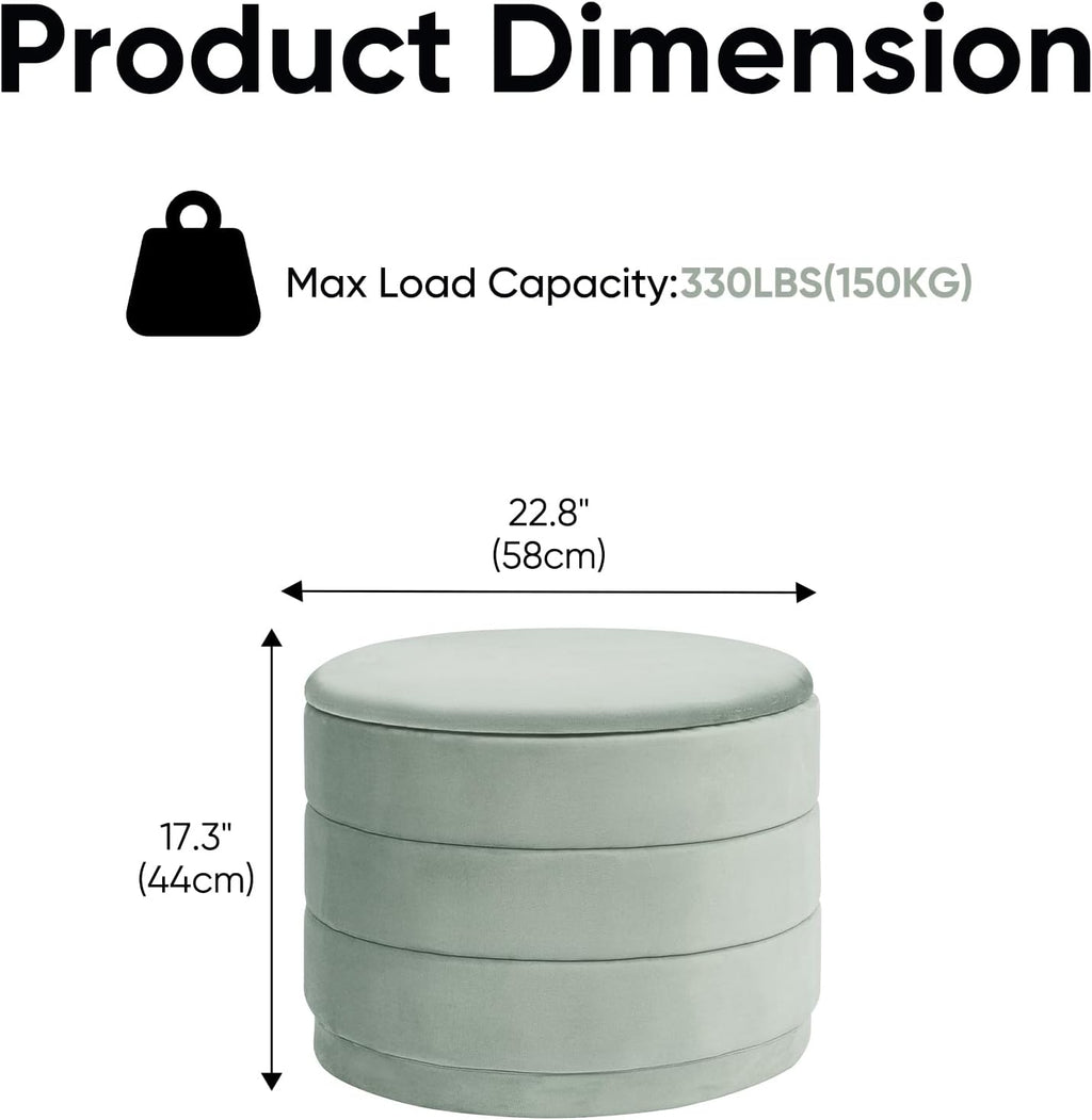 23" Round Velvet Storage Ottoman with Reversible Lid, Soft Padded Footrest and Hidden Storage, Large Upholstere Tray Top Ottoman Footstool for Living Room, Bedroom, Entryway, Sage Green