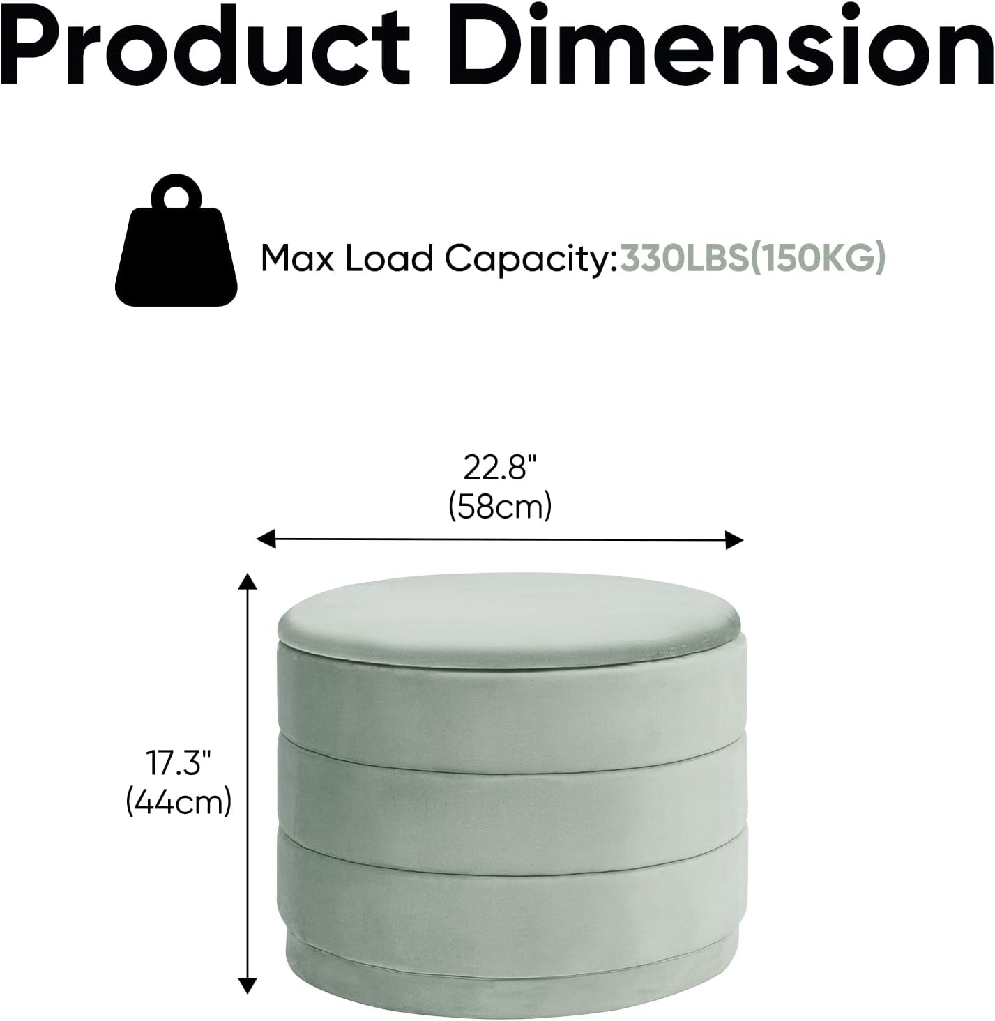23" Round Velvet Storage Ottoman with Reversible Lid, Soft Padded Footrest and Hidden Storage, Large Upholstere Tray Top Ottoman Footstool for Living Room, Bedroom, Entryway, Sage Green
