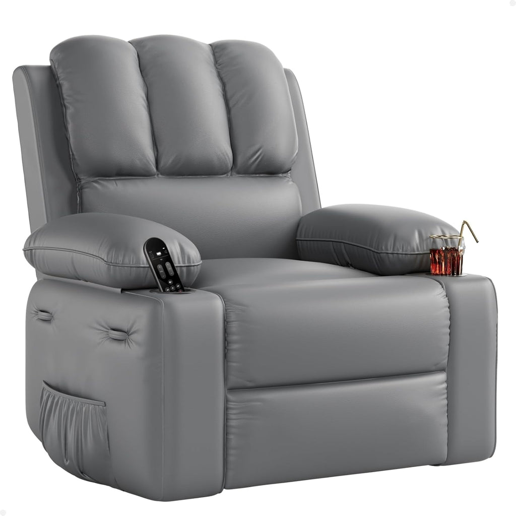 GarveeHome Leather Recliner Chair - Heat and Massage, Swivel Rocker Manual Recliner for Adults, Reclining Sofa Rocking Chair with Side Pocket, Cup Holders for Living Room