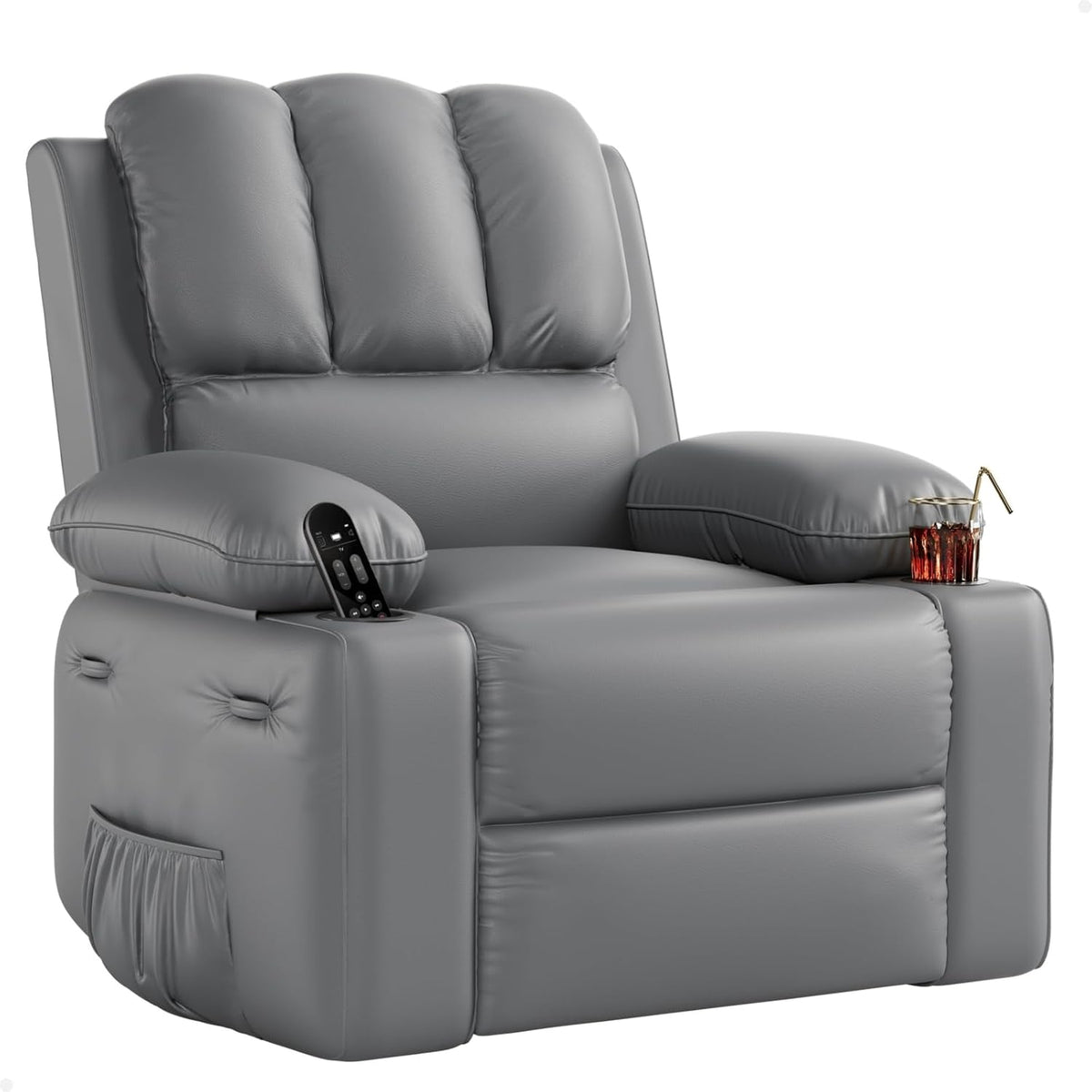 GarveeHome Leather Recliner Chair - Heat and Massage, Swivel Rocker Manual Recliner for Adults, Reclining Sofa Rocking Chair with Side Pocket, Cup Holders for Living Room