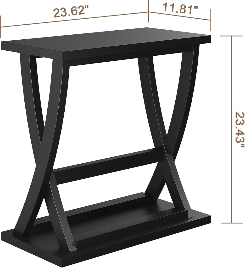 ChooChoo Black End Table, Narrow Side Table with Storage Shelf, Modern X-Design Slim Bedside Tables for Living Room, Bedroom, Small Spaces