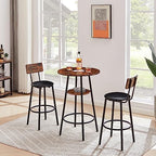 23.6" 3 Piece Round Bar Table and Chair Set with Shelf Rustic Brown | Rustic Brown Particleboard And Black Steel Frame With Integrated Middle Storage Shelf For Small Spaces