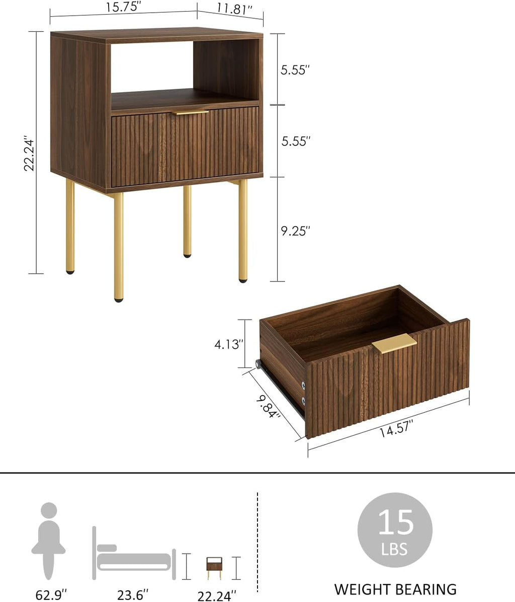 Nightstand,Small Bedside Table with Gold Frame,Walnut Night Stand,Bedside Furniture,Side Table with Drawer and Shelf for Bedroom,Living Room (1Drawer, Walnut)