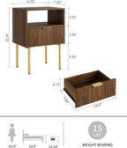 Nightstand,Small Bedside Table with Gold Frame,Walnut Night Stand,Bedside Furniture,Side Table with Drawer and Shelf for Bedroom,Living Room (1Drawer, Walnut)