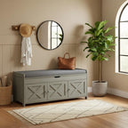 Pipishell Shoe Storage Bench, 2-Tier Shoe Bench with Cushioned Seat, Entryway Bench with Adjustable Shelf & Barn Doors, 300 lbs Capacity, 39.4" x 15" x 18", for Entryway, Bedroom, Living Room, Gray
