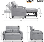 VINGLI Light Grey Futon Sofa Bed Convertible Loveseat Sleeper Couch, Faux Leather Pullout Sofa Fold Out Couch Bed with USB Ports, Cup Holders, Armrest for Living Room, Bedroom Apartment Room