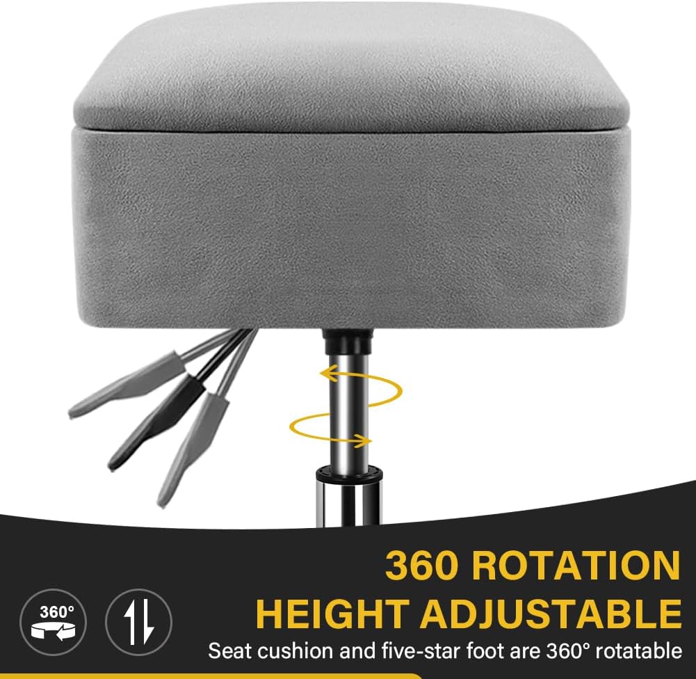 WKWKER Adjustable Vanity Stool with Storage Velvet 360° Swivel Makeup Stool Small Ottoman Chair Metal Base for Vanity Bedroom Living Room Lab Salon Studio Counter Desk (Gray)