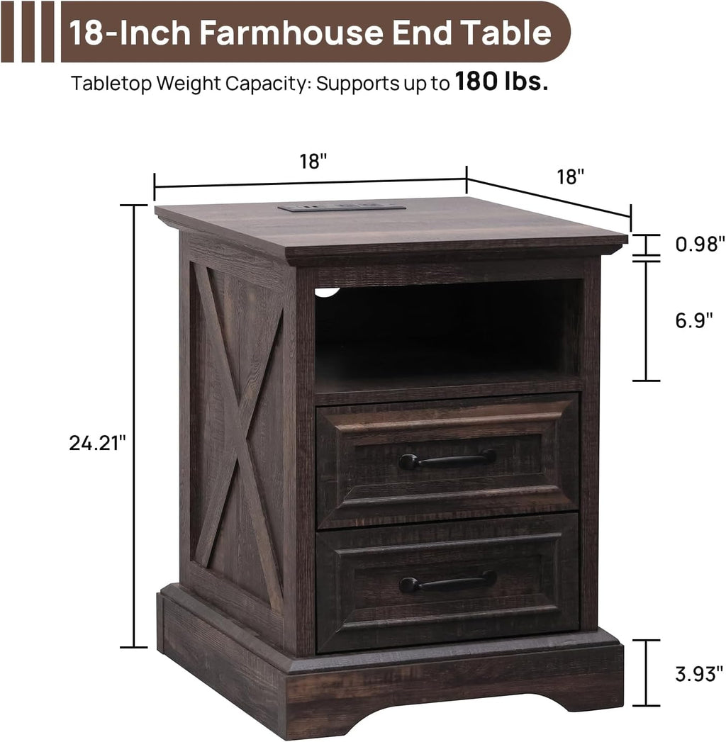 ALBAD Farmhouse Nightstand with Charging Station Rustic Bedside Table with 2 Drawers and Cubby Storage End Table with Metal Handle for Bedroom Office, Walut Brown