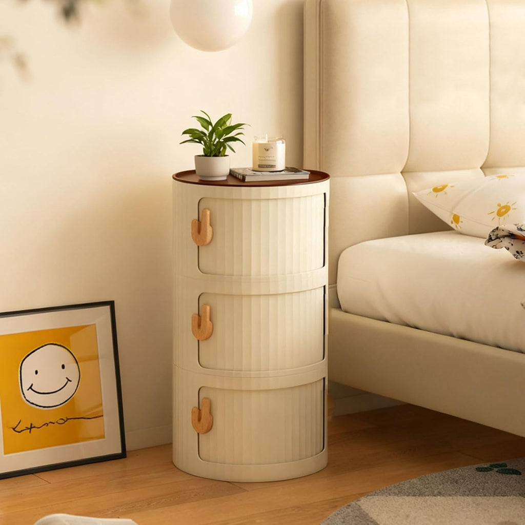 2/3/4 Tier Round Nightstand with Drawers, Round Bedside Table Plastic Nightstand Storage, Multifunctional End Table Storage Cabinet with Sliding Door, for Living Room, Bedroom, Bathroom(White,4 Tier)