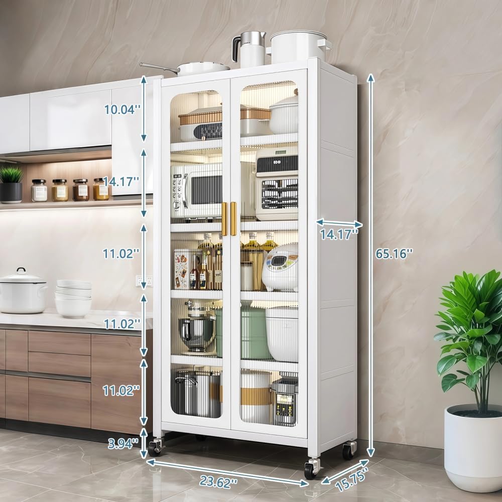 65" Kitchen Pantry Storage Cabinet - Metal 6-Tier Cabinet Transparent Doors with Wheels & Adjustable Shelves for Living Dining Room (White)