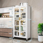 65" Kitchen Pantry Storage Cabinet - Metal 6-Tier Cabinet Transparent Doors with Wheels & Adjustable Shelves for Living Dining Room (White)