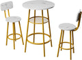 3 Pieces Round Bar Table Set, Small Dining Table for 2 Faux Marble Tabletop | Kitchen Bar Table, 2 Stools with Backrest, Breakfast Table with Storage, Round Tabletop