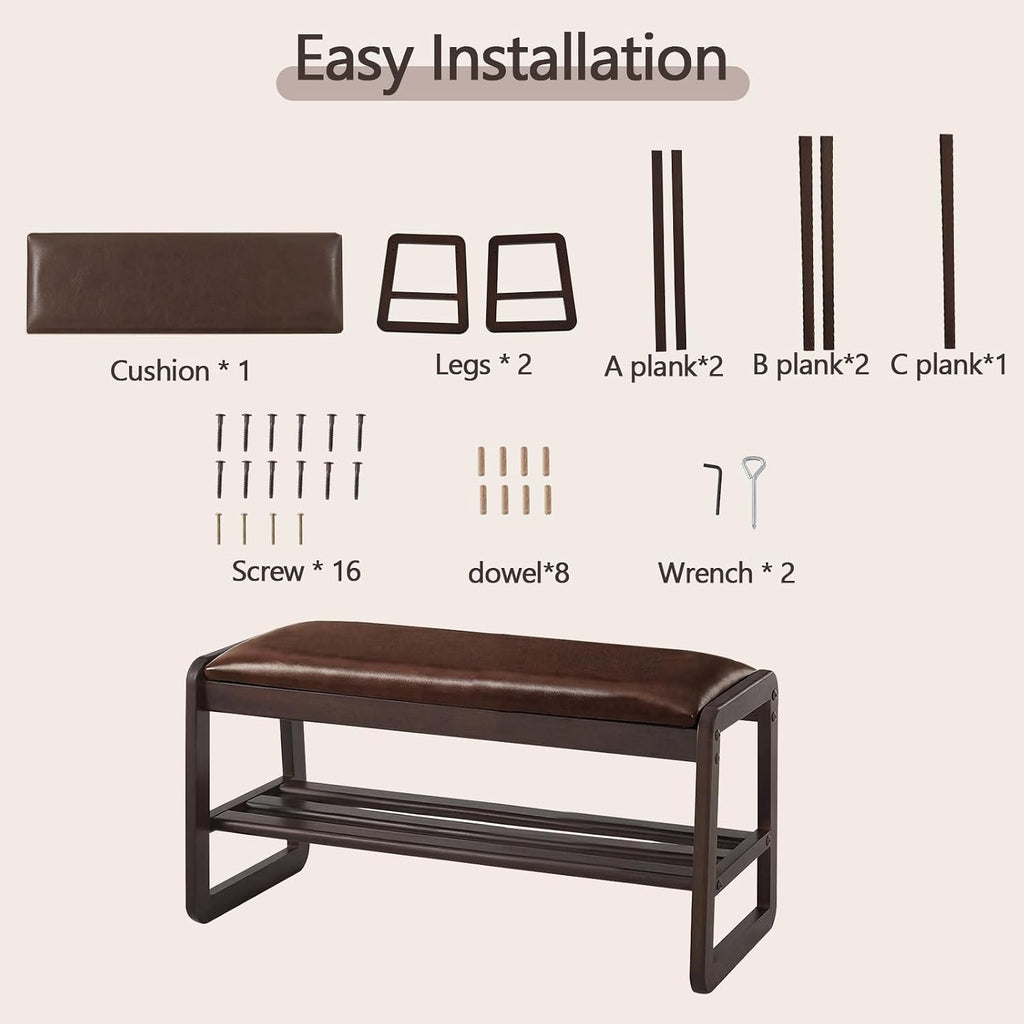 Achicsofar Shoe Rack Bench,2 Tier Solid Wooden Entryway Bench with Shoe Storage, Shoe Rack with Cushion for Living Room, Hallway(Brown, 31.5")