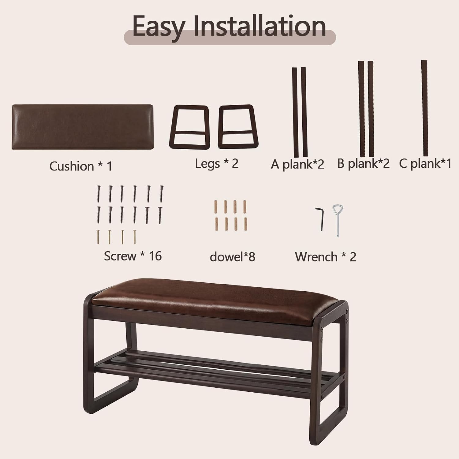 Achicsofar Shoe Rack Bench,2 Tier Solid Wooden Entryway Bench with Shoe Storage, Shoe Rack with Cushion for Living Room, Hallway(Brown, 31.5")