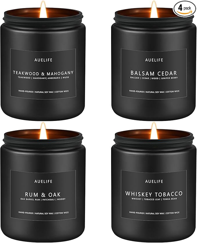 Scented Candles Set | Candle Gifts for Men - Masculine Candle, Soy Candles for Home Scented - 4 Pack Aromatherapy Gift for Dad Fathers Day- Scent of Teakwood & Mahogany/Whiskey Tobacco/Rum & Oak/Cedar