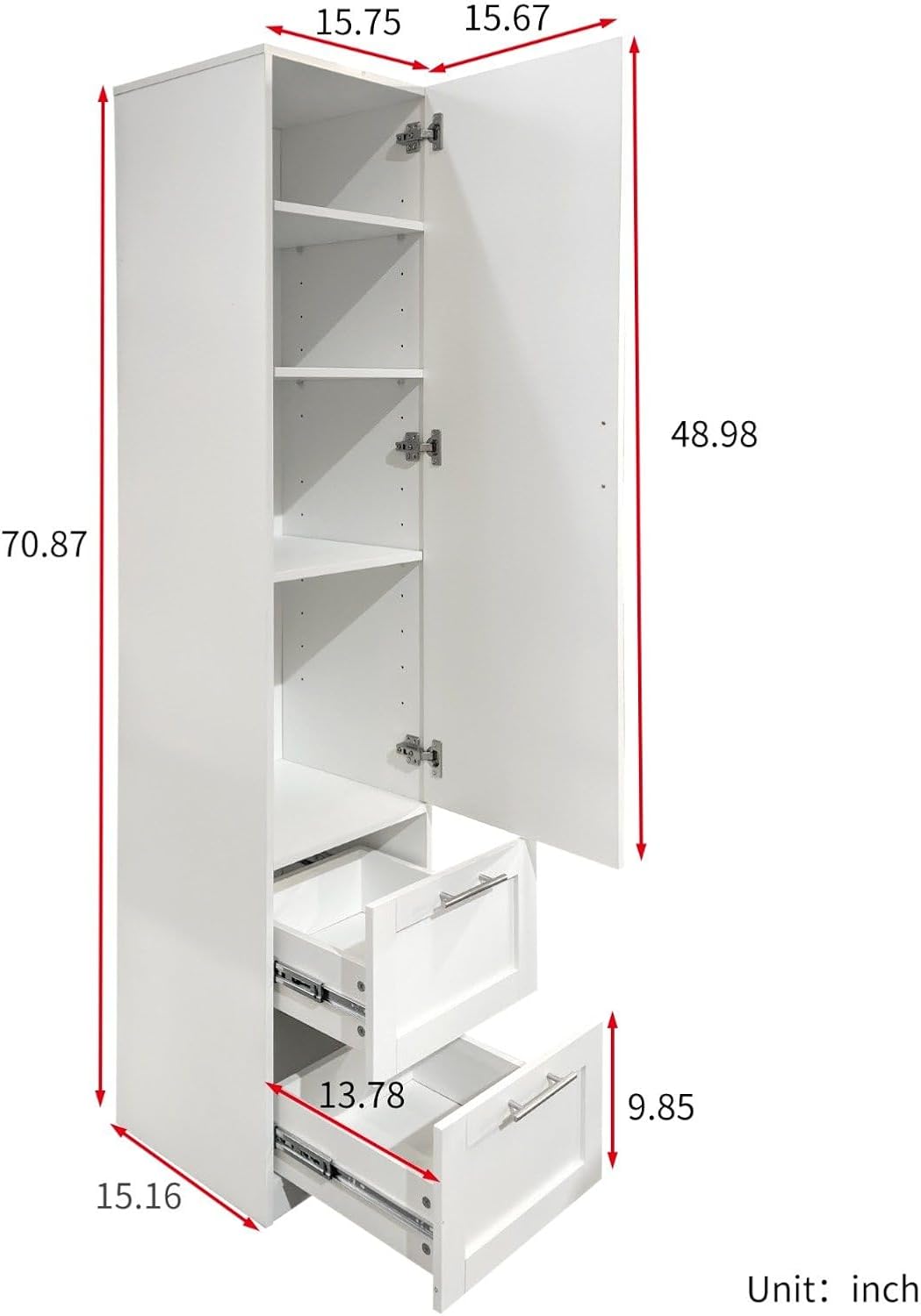 White Pantry Cabinet with Door and 2 Drawers, 70.87" Tall Freestanding Kitchen Storage Cabinet with Adjustable Shelves for Kitchen, Dining Room, Living Room