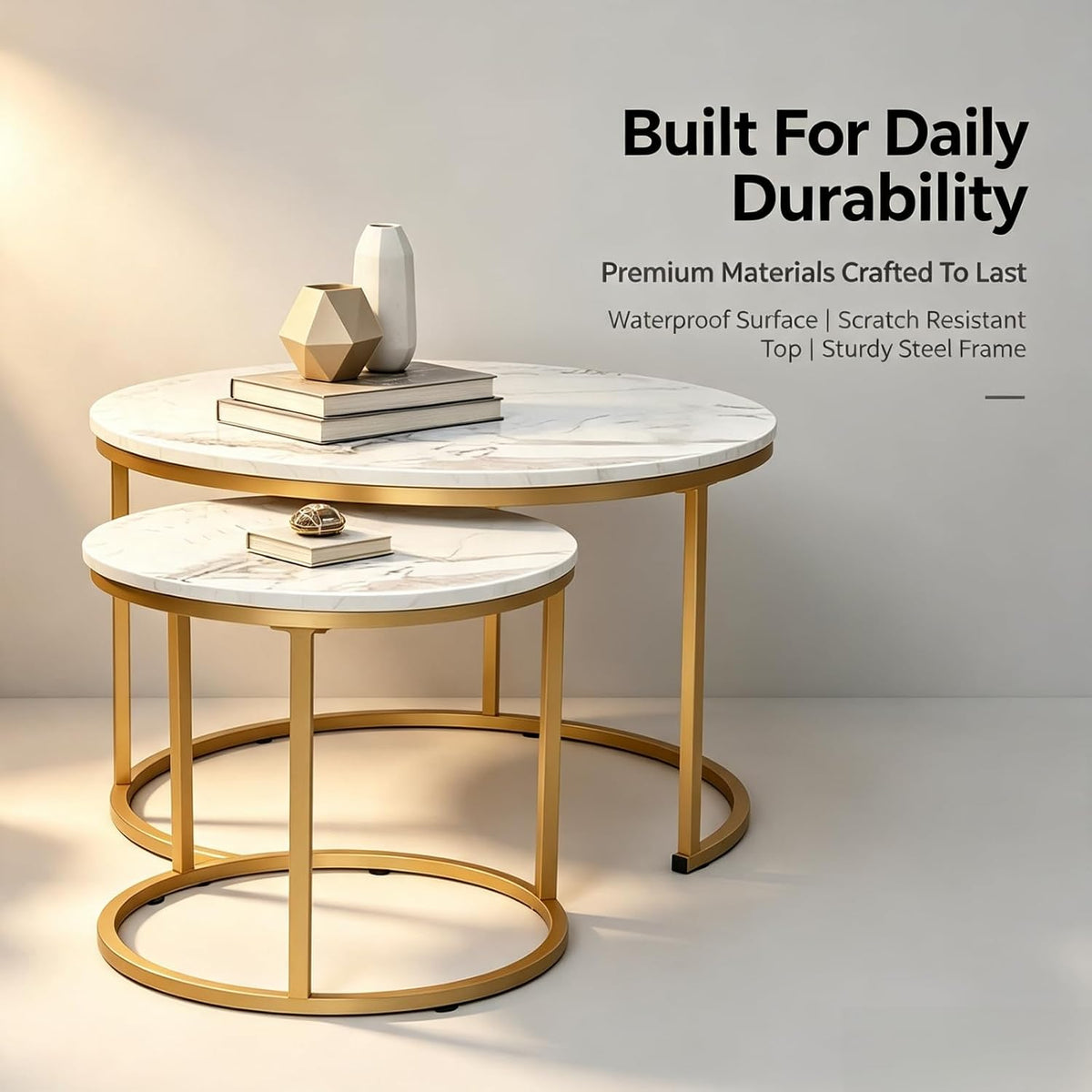 Round Nesting Coffee Table Set of 2, Marble Top Metal Frame | Space-Saving Design, Scratch-Resistant Top, 99 lbs Capacity, Living Room & Bedroom, Easy Assembly