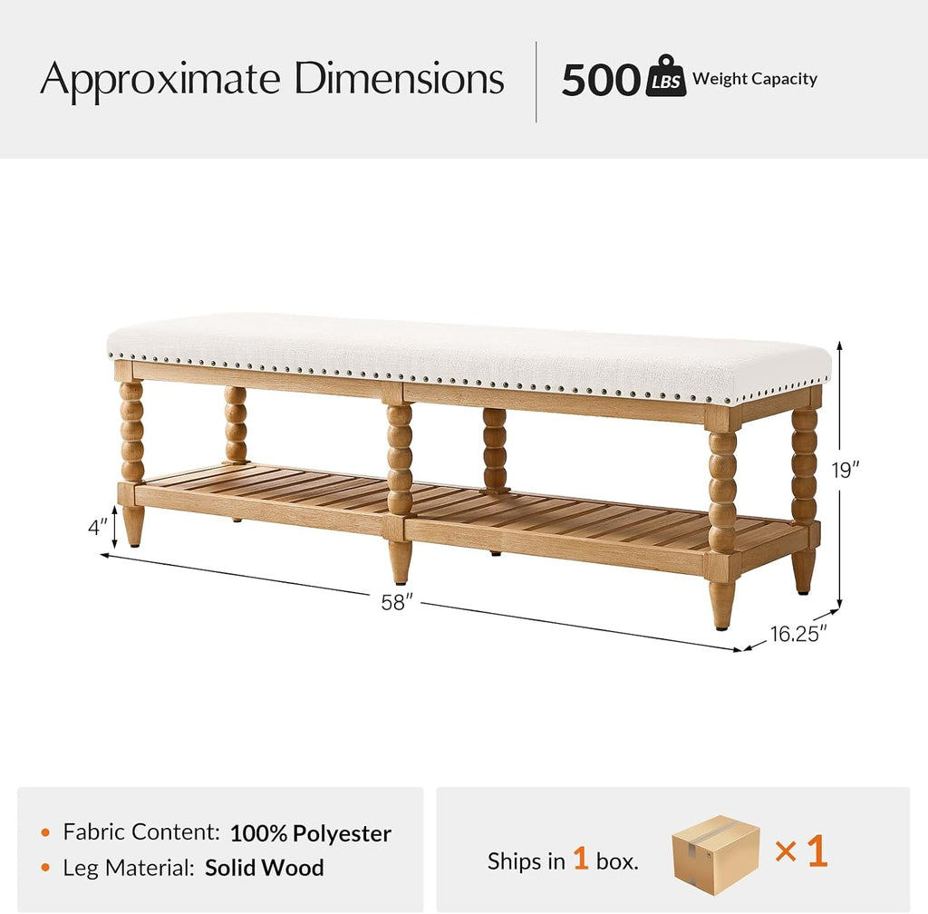 HULALA HOME Entryway Bench with Soild Wood Shelf, 58" Upholstered Shoe Storage Bench with Spindle Legs, Nailhead Trim Detail for Bedroom, Living Room, Hallway, Ivory