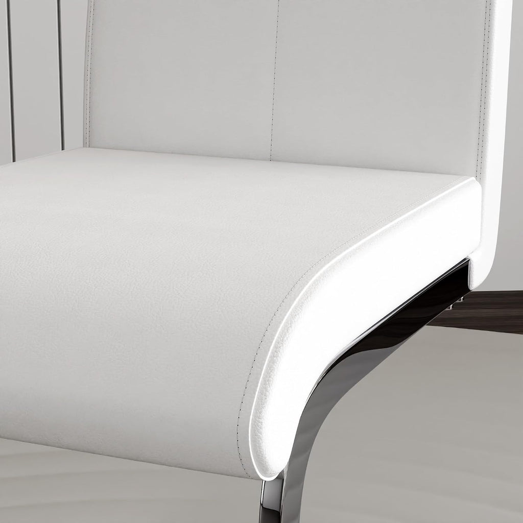 Off-White Dining Chairs Set of 4, Modern High Back with Faux Leather Padded Kitchen Chair for Dining Room, Kitchen (4, White with Silver Hoop Leg)