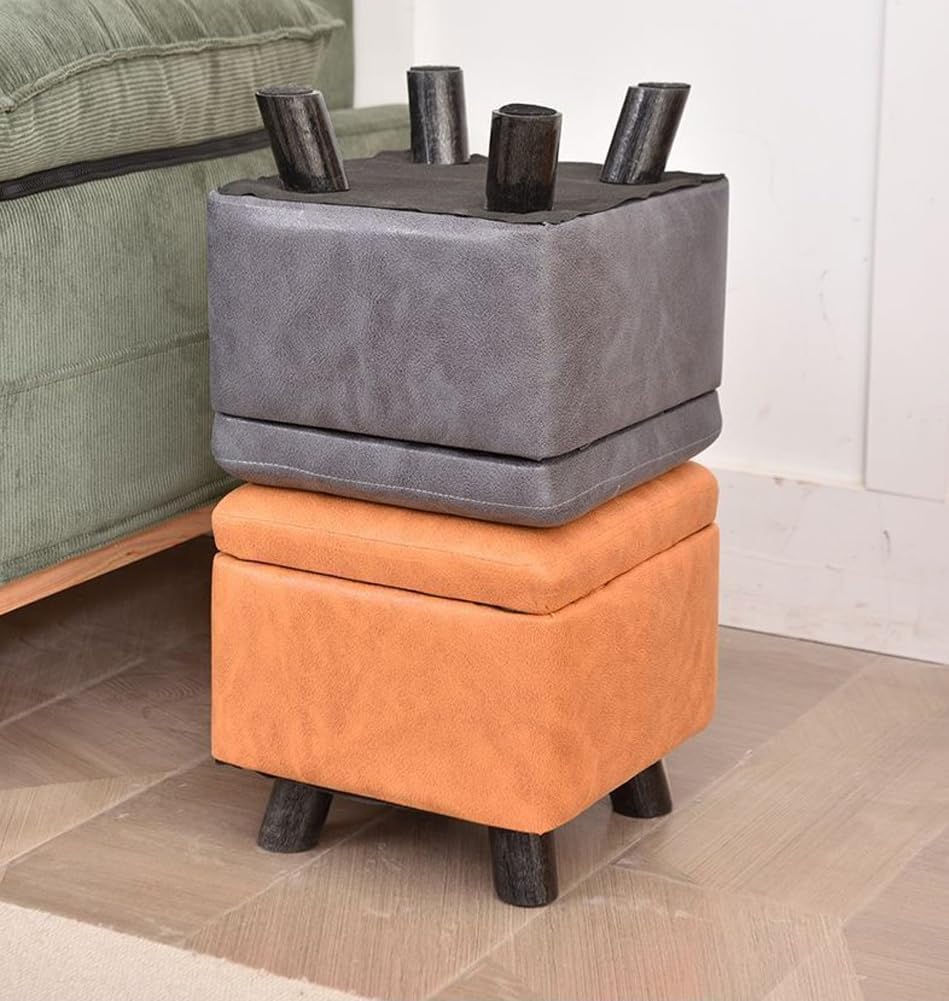 Premium Storage Ottoman Upholstered Square Foot Rest Stool with Sturdy Wood Legs,Thicken Foam Padded Seat Small Cube Storage Chest for Living Room Bedroom (Orange)