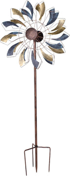 Sunnydaze Metallic Pinwheel Metal Garden Wind Spinner - Removable Pole Sections for Adjustable Height - Dual-Motion Blades - 84.5" H