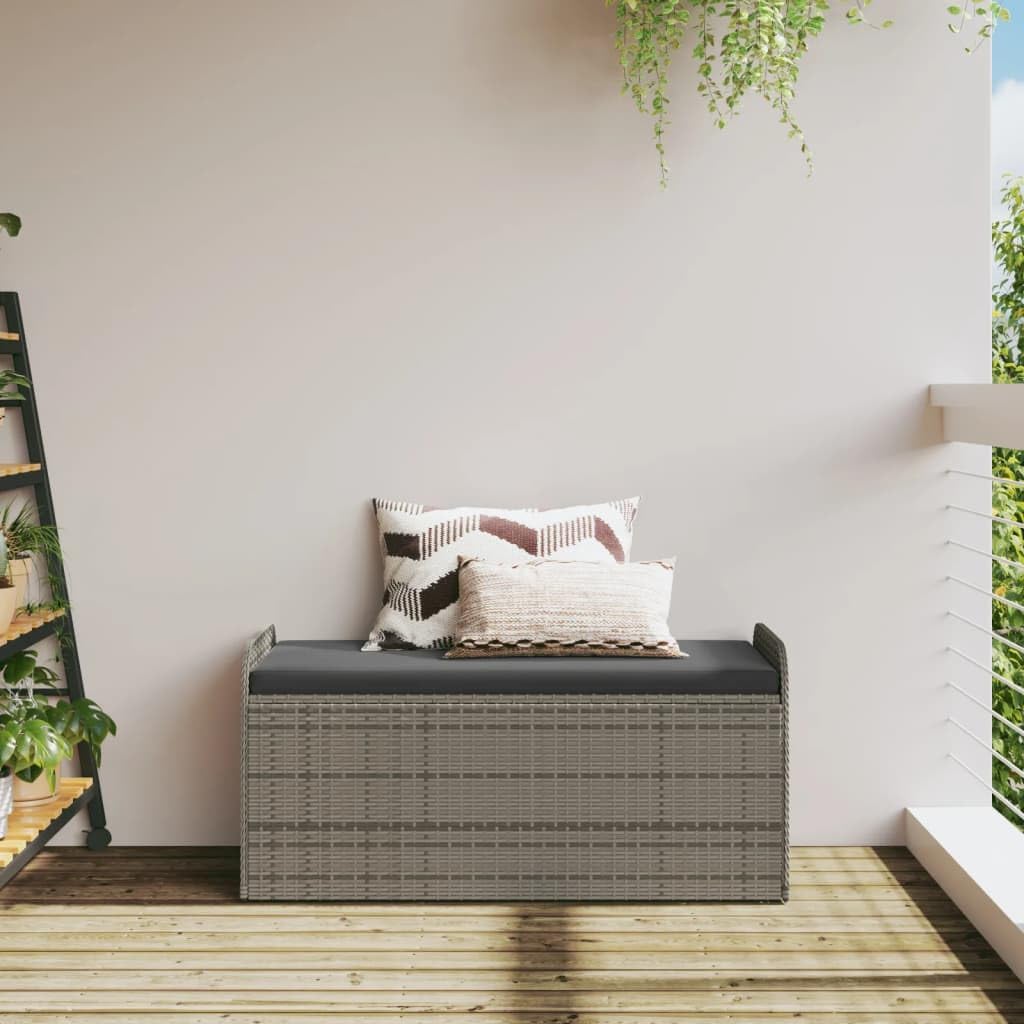 Poly Rattan Patio Storage Bench with Cushion, 45.3 Inch Outdoor Seat with Waterproof Bag and Gas Spring, Gray