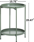 2-Tier Round End Side Table, Small Metal Side Table with Removable Tray, Folding Accent Tables for Living Room, Balcony, Nightstand for Bedroom, Outdoor Tables for Patio, Sage Green