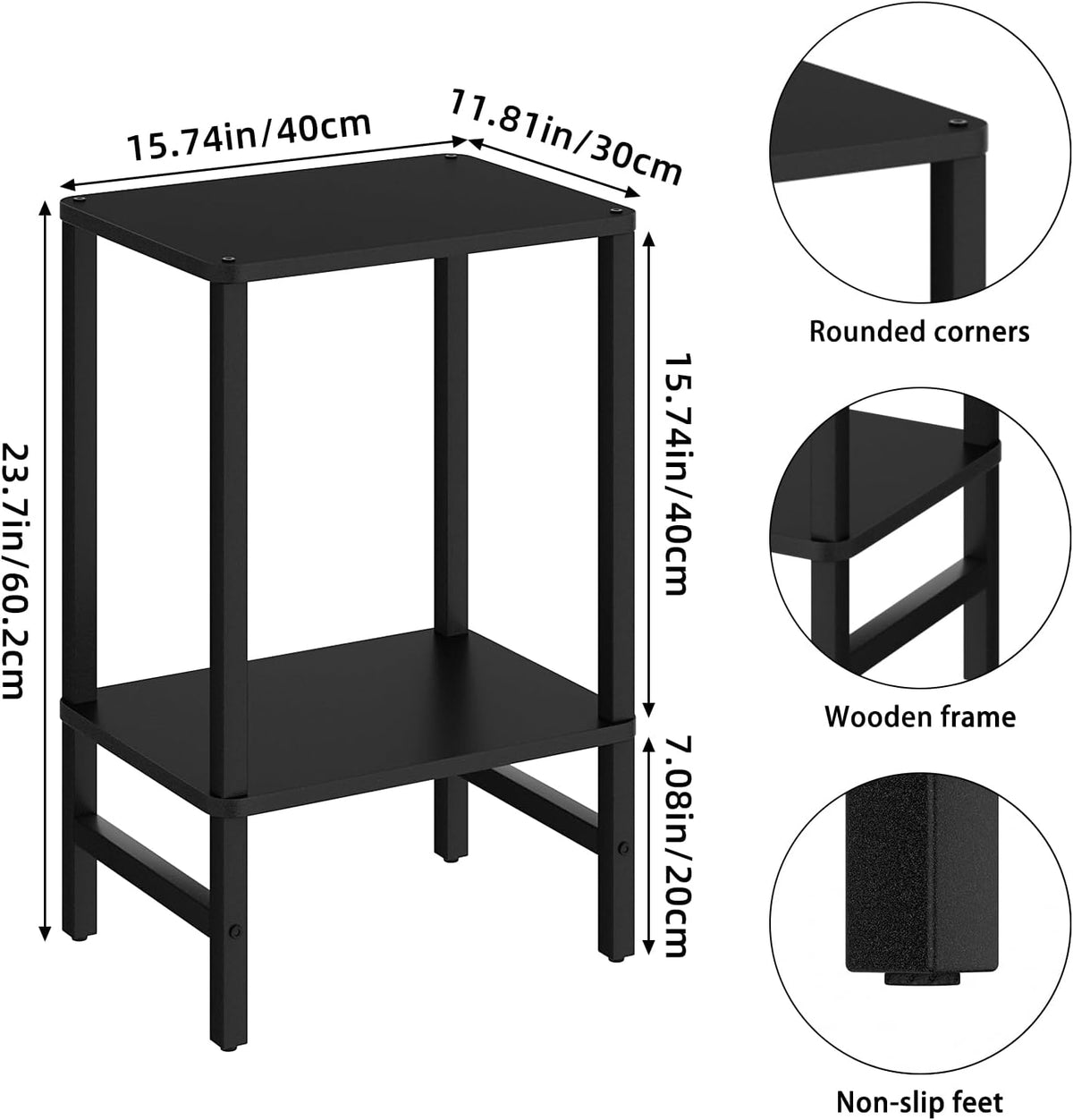 YUFAM Side Table End Table Tall Night Stand 2-Tier for Living Room Bedroom Bathroom Office Furniture Black