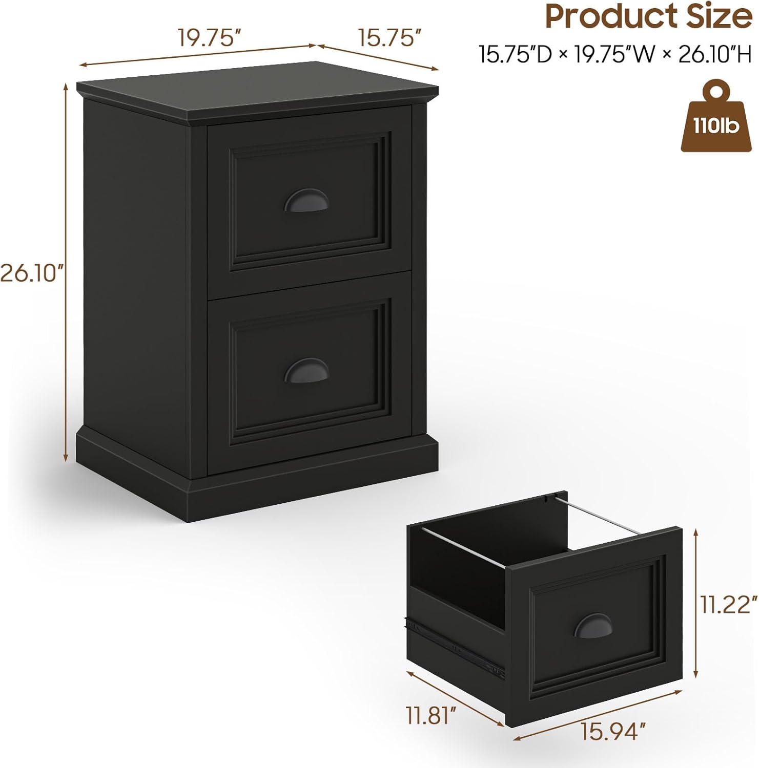 Halitaa Vertical File Cabinet, Filing Cabinet with 2 File Drawers, Farmhouse Small File Cabinet Fits Letter/A4 Size, Wooden Printer Stand, Under Desk Cabinets for Home Office, Black