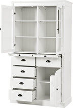 72" H Kitchen Pantry with Glass Doors, Wooden Freestanding Display Storage Cabinet with 5 Drawers and Serving Trays, Large Cupboard with Adjustable Shelves for Kitchen, Dining Room, White