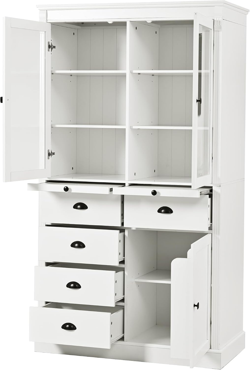 72" H Kitchen Pantry with Glass Doors, Wooden Freestanding Display Storage Cabinet with 5 Drawers and Serving Trays, Large Cupboard with Adjustable Shelves for Kitchen, Dining Room, White