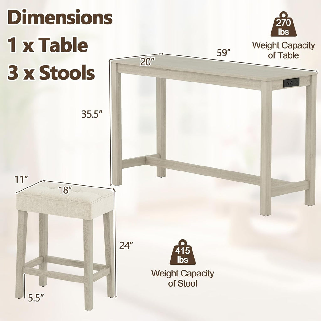 Giantex 4-Pieces Bar Table Set with Charging Station, 59-inches Dinner Tables with 3 Padded Stools, Adjustable Foot Pads, Space-Saving Dining Table Set for Dinette, Dining Room, Kitchen