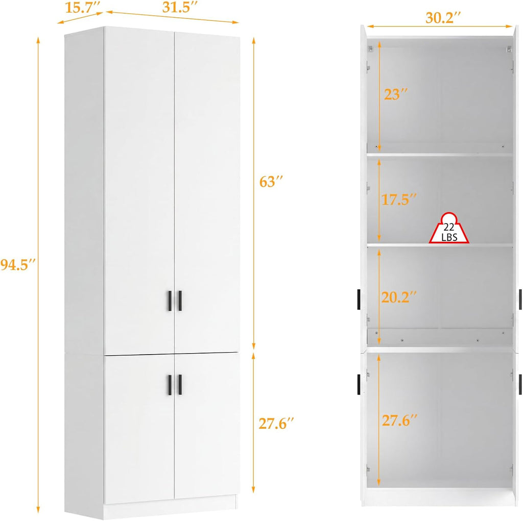 AGOTENI 94.5”H Tall Kitchen Pantry Cabinet with 4 Doors & 4 Shelves, Modern Kitchen Pantry with Adjustable Shelf, Black Handles, Cupboard for Kitchen Dining Room, White