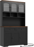 Garvee 71" Pantry Cabinet with Charging Station, Tall Kitchen Pantry Storage Cabinet with Microwave Stand, Farmhouse Kitchen Hutch with Storage Drawers for Living Room, Dining Room, Black