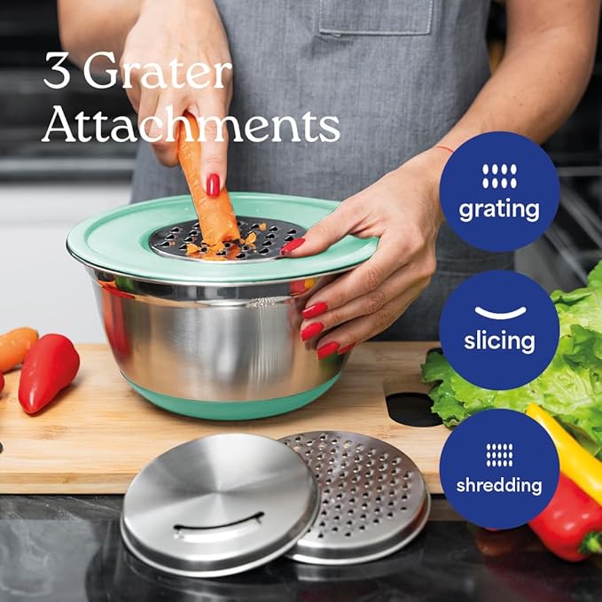 WHYSKO Stainless Steel Mixing Bowls with Lids Set - 5 Rustproof Metal Nesting Mixing Bowls for Kitchen, Meal Prep, Baking, Cooking, Storage - Includes 3 Grater Attachments, Dishwasher Safe