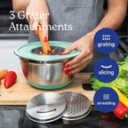 WHYSKO Stainless Steel Mixing Bowls with Lids Set - 5 Rustproof Metal Nesting Mixing Bowls for Kitchen, Meal Prep, Baking, Cooking, Storage - Includes 3 Grater Attachments, Dishwasher Safe