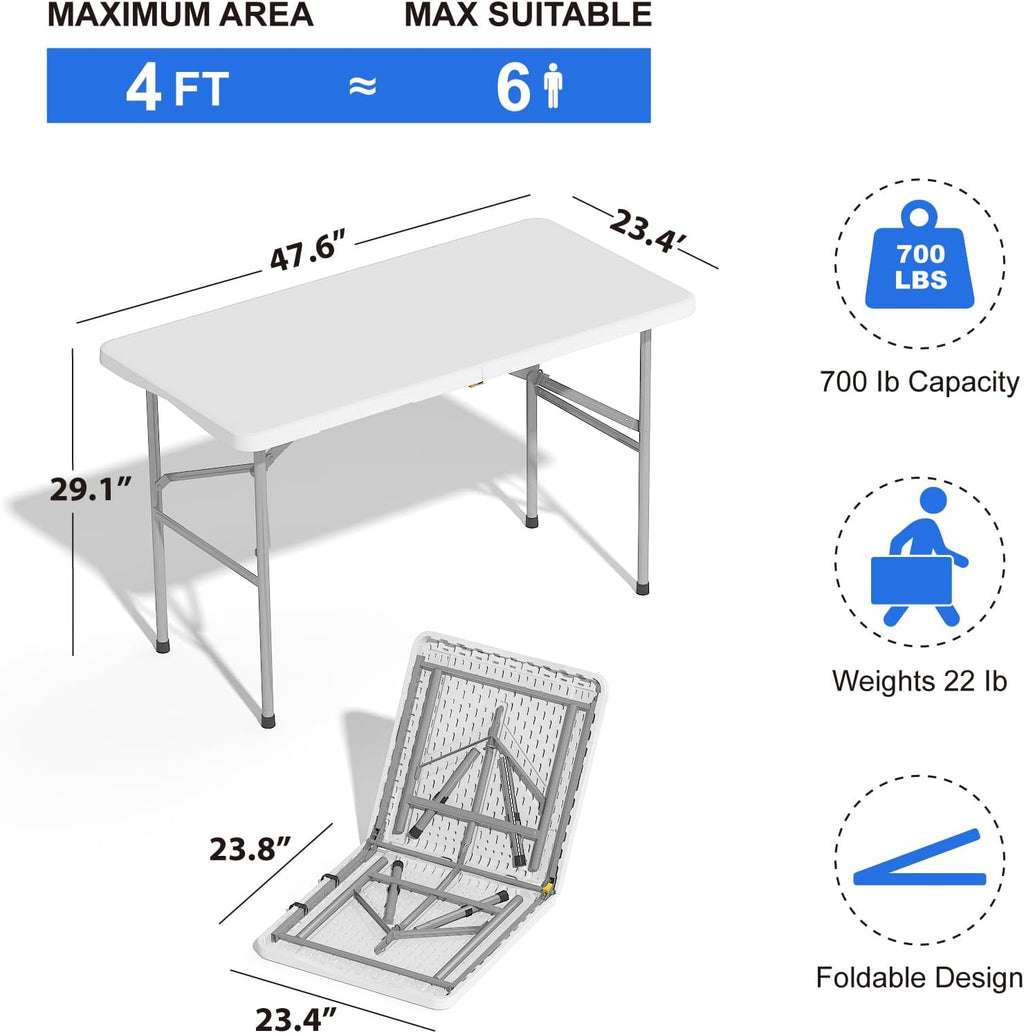 4 FT Folding Tables for Camping Party Picnic, Dinning, School, White | 4 Foot Plastic Foldable Table, Portable Heavy Duty Fold Up Table with Lock Function & Carrying Handle for Indoor Outdoor Use