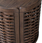 Pemberly Row 3 Piece Round Cocktail and End Table Set, Brown Oak Finish, Rubberwood and Oak Veneer, Basketweave Design, Compact Living Room Furniture Set, Includes Round Coffee Table and 2 End Tables