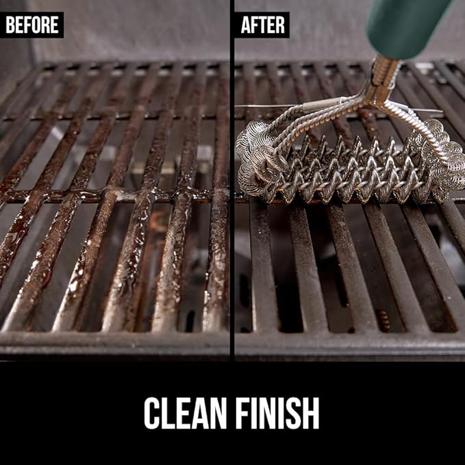 GORILLA GRIP Heavy Duty No Bristle Triple Helix Grill Brush with Scraper for Outdoor Grills, Safe Steam Cleaning, Oversized Comfortable Handle Grip with Bottle Opener, BBQ Tools, 17.5 Inch, Green