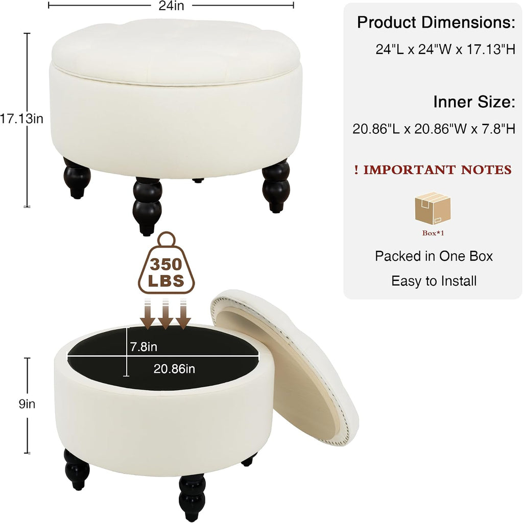 24 Inch Fabric Round Ottoman with Storage, Modern Upholstered Button Tufted Ottoman Coffee Table with Tray Lid, Circle Footstool with Storage for Living Room, Bedroom, White