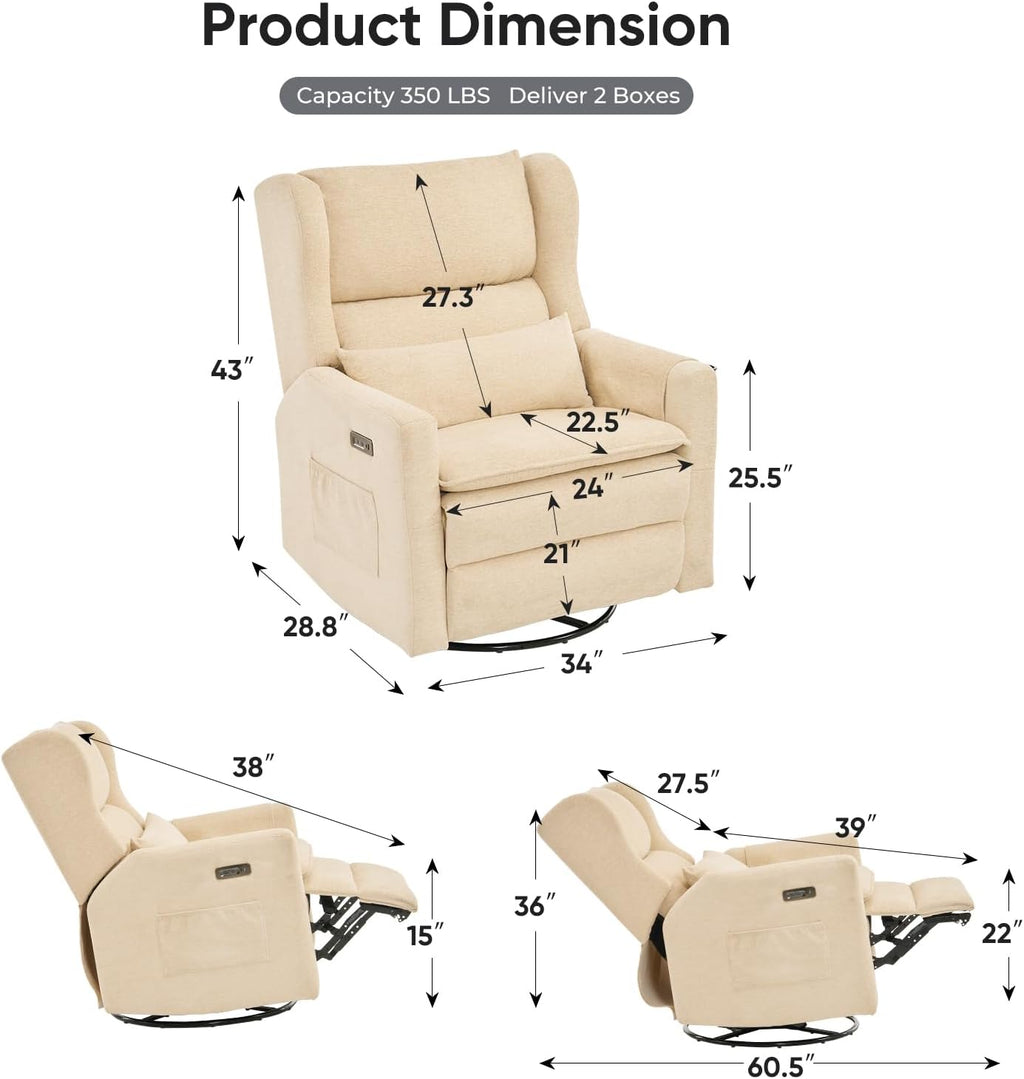 Power Recliner Chair Swivel Glider,Oversized Nursery Chair Recliner with Lumbar Support, Upholstered Swivel Rocker Recliner Chair, Glider Nursery Chair with Adjustable Headrest, Beige