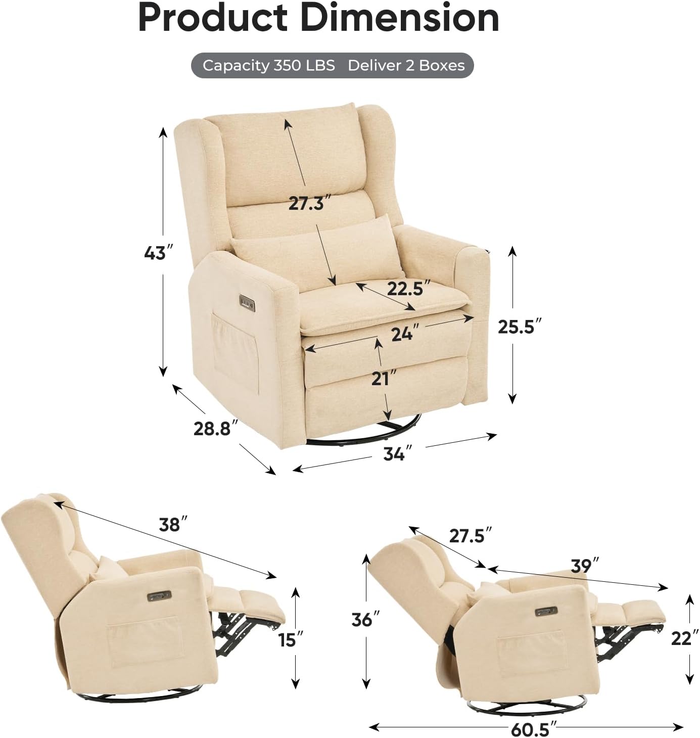 Power Recliner Chair Swivel Glider,Oversized Nursery Chair Recliner with Lumbar Support, Upholstered Swivel Rocker Recliner Chair, Glider Nursery Chair with Adjustable Headrest, Beige