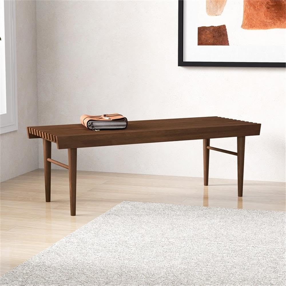 Pemberly Row 47" Mid Century Modern Rectangle Felicity Brown Teak Wood Bench Seat for Living Room, Dining Room, Bedroom, Entrance, Hallway, in Walnut Finish