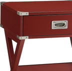 16" Square Accent Table, Drawer Storage, X-Shaped Base with Metal Corner Trim for Living Room, Red