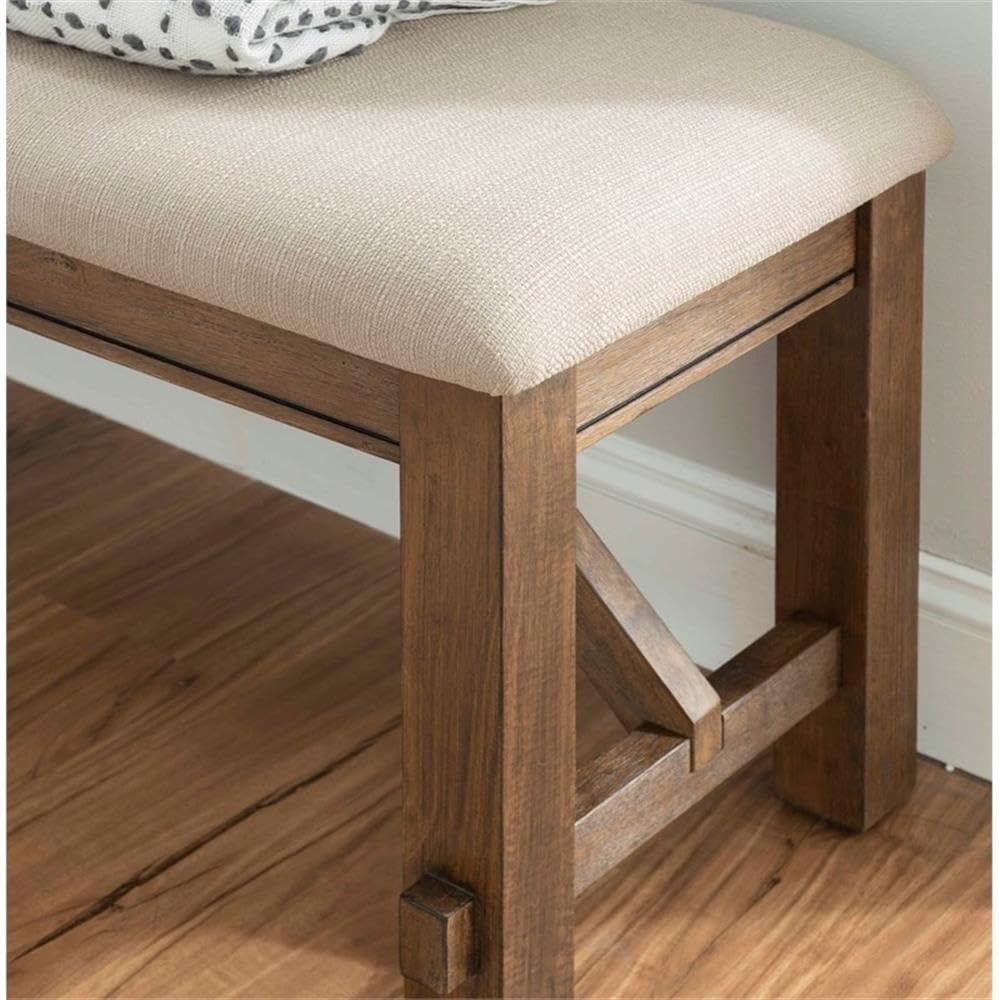 Pemberly Row 60" Wood/Fabric Bench, Rustic Umber Brown Finish, Tan Upholstered Seat, Durable Rubberwood Construction, Transitional Style Bench for Dining Room or Entryway Seating