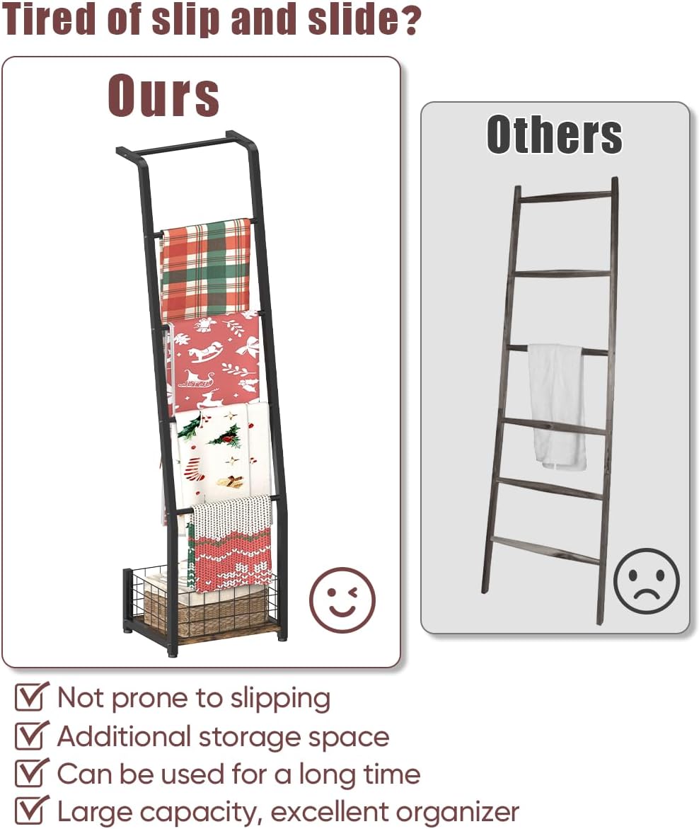 6.3ft Blanket Ladder with Storage Basket, 5 Tier Decorative Ladder Shelf Stand for Living Room & Bedroom, Wall-Leaning Blanket Holder Quilt Rack for Home Décor, Rustic Brown & Black