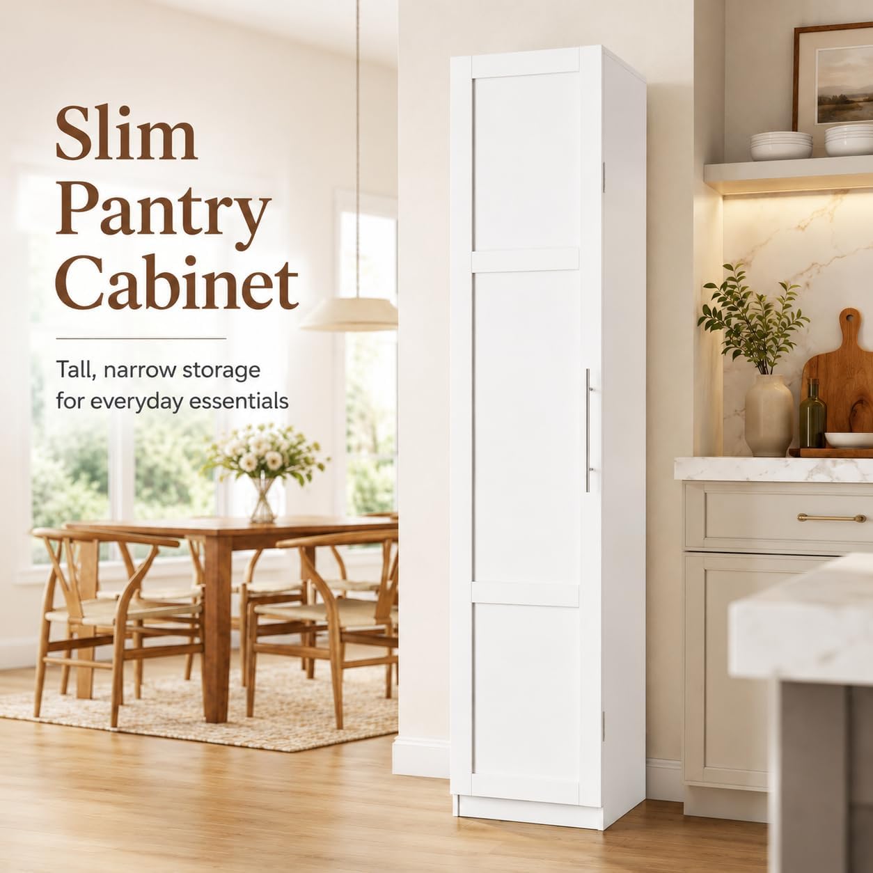 Narrow Kitchen Pantry Cabinet, 70.3" Tall Storage Cabinet with Door Racks and Adjustable Shelves, Slim Freestanding Pantry Cupboard for Kitchen, Bathroom and Small Spaces, White
